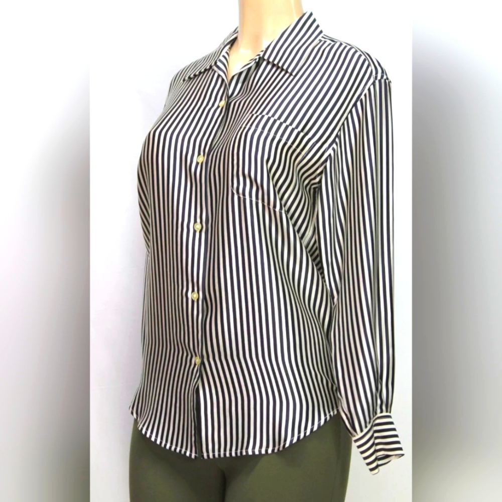 Tracy M Button Up Shirt Long Sleeve Stripes White/Black 100% Silk - Size S